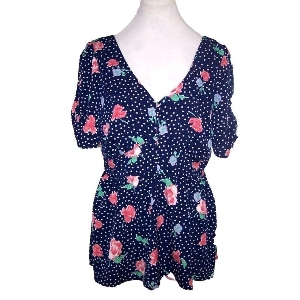 Suzanne Betro Shirt Top Womens Large Retro Floral Polka Dot V Neck Short Sleeve